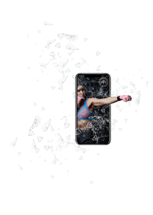 woman breaking through glass screen mockup broken glass flying in air